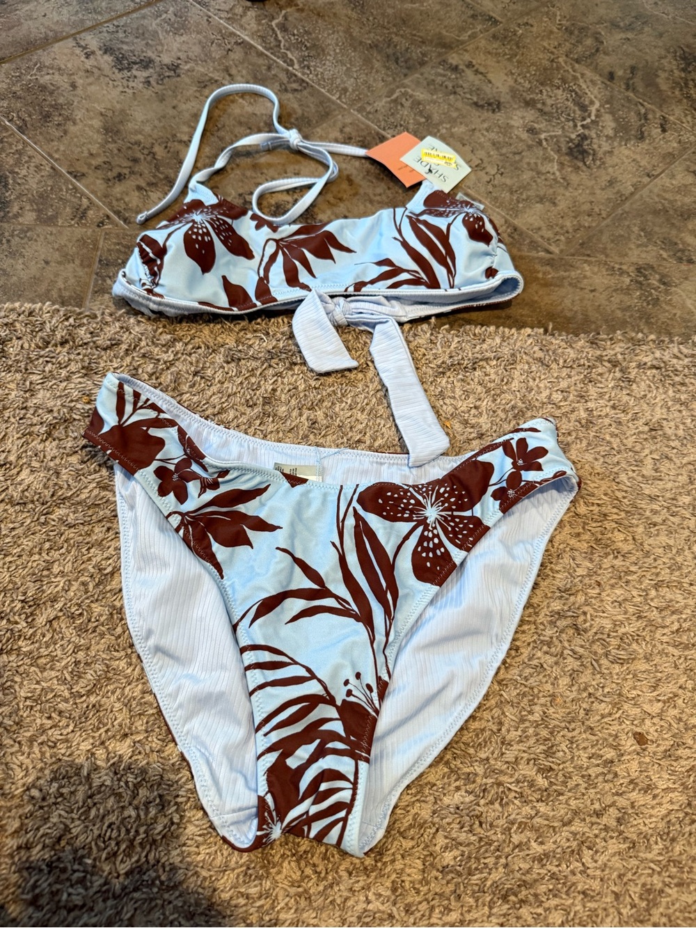 🐷Light Blue & Brown Floral Tie-Back Reversible Bikini Set